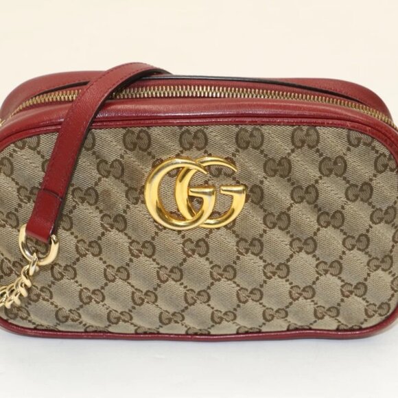 Gucci Monogram Azalea Calfskin Matelasse GG Marmont Chain Shoulder Bag Red/Beige - Picture 1 of 15
